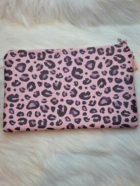 Pink Leopard Print Cosmetic Pouch with Zip. Handmade.
